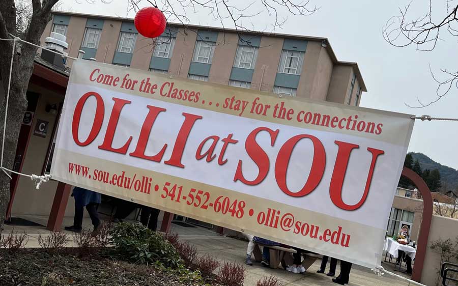 A banner in the Campbell Center courtyard greets guests at a reception Friday. Paul Steinle photo