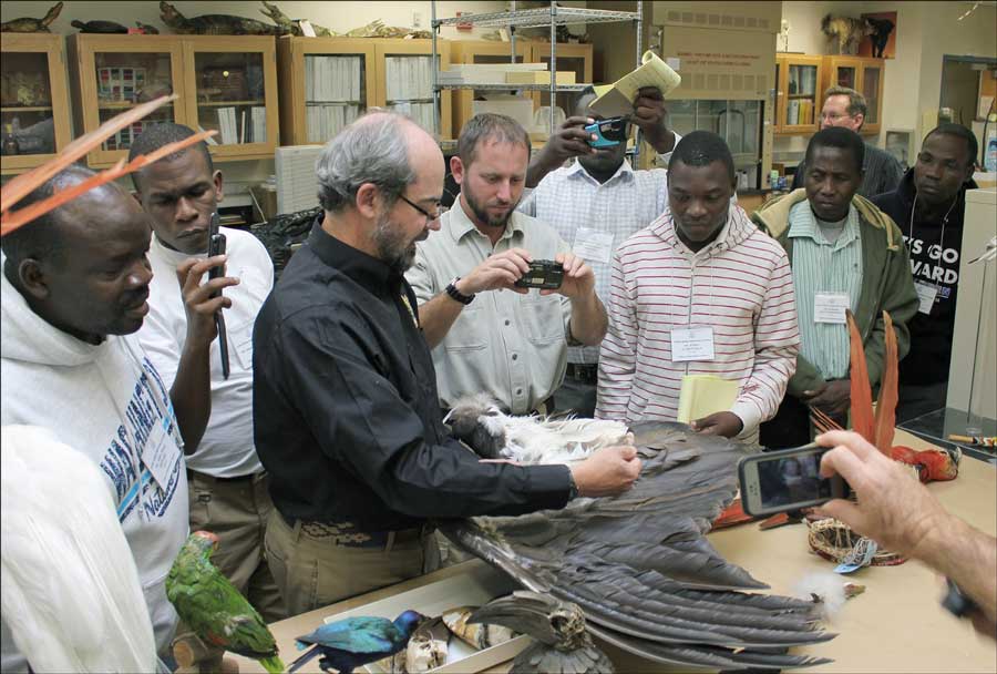 Dr. Pepper Trail explains his initial evaluation process to a group of African delegates visiting the wildlife forensics lab in Ashland, Oregon. USFWS photo