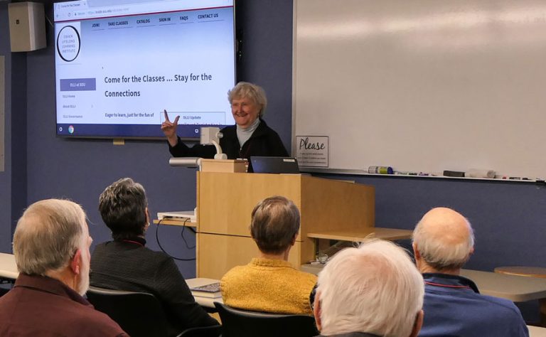 OLLI instructor Susan Stitham teaching Shakespeare 101: This Star of England—Henry V. Bill Bartlett photo