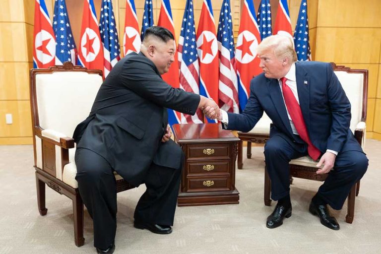 President Donald J. Trump and Chairman of the Workers’ Party of Korea Kim Jong Un speak to reporters Sunday, June 30, 2019, as the two leaders meet in Freedom House at the Korean Demilitarized Zone. Official White House Photo by Shealah Craighead