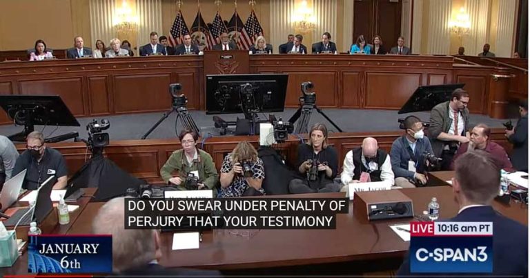 Witnesses are sworn in at the third hearing of the January 6th Committee on June 16, 2022. Screenshot from C-SPAN