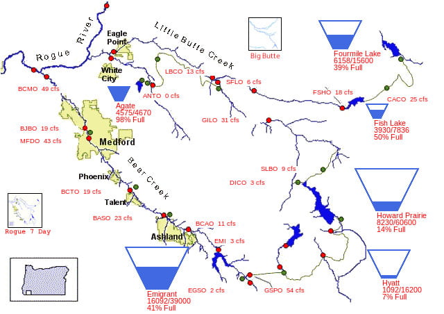 The June 19 "teacup" diagram shows Emigrant Lake has reached 41% full, up from 12% on April 5.