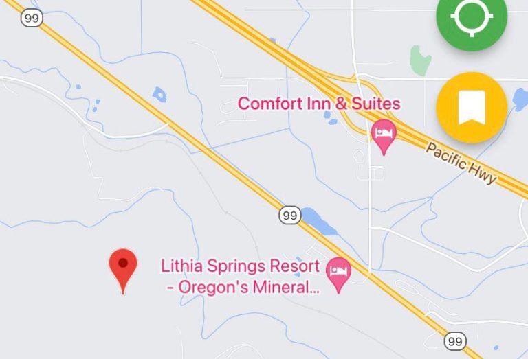 An orange pin at lower left shows the approximate location of a fire near Frank Hill Road just west of Jackson Wellsprings this afternoon, July 20. Map via ODF