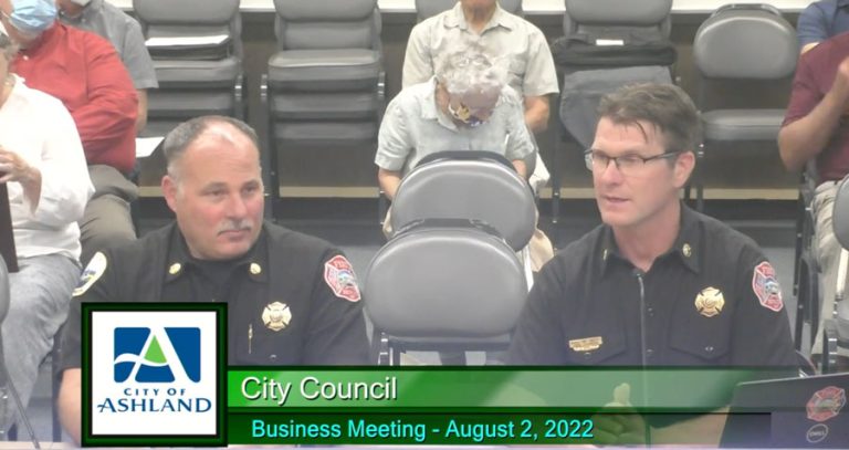 Ashland Fire & Rescue Fire Chief Ralph Sartain and Division Chief Chris Chambers speak to the Ashland City Council at its Aug. 2 business meeting. Screen capture from RVTV webcast