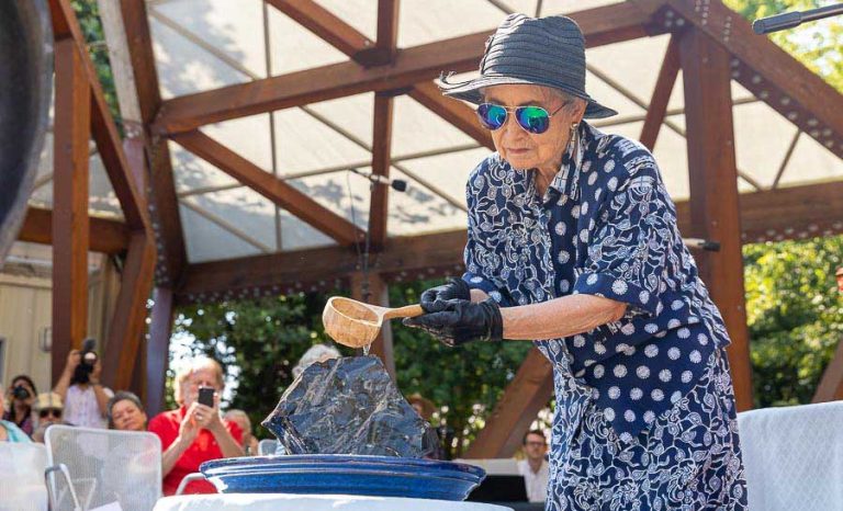 Hideko Tamura Snider, a Hiroshima bombing survivor, participates in the water ceremony, part of the dedication of the Green Legacy Hiroshima Peace Tree, at the Thalden Pavilion in August 2022. Bob Palermini photo/palermini.com