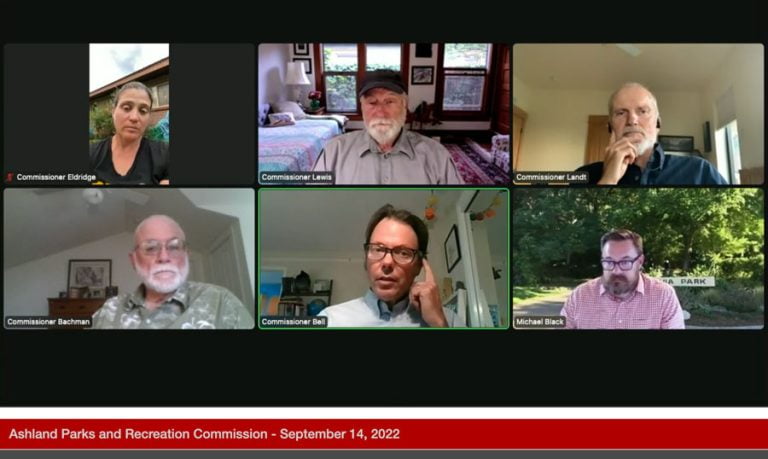 A screenshot from a video of the Ashland Parks & Recreation Commission meeting on Sept. 14 shows, clockwise from upper left, Commisioners Leslie Eldridge, Jim Lewis, Rick Landt, Director Michael Black and Commissions Julian Bell and Jim Bachman.
