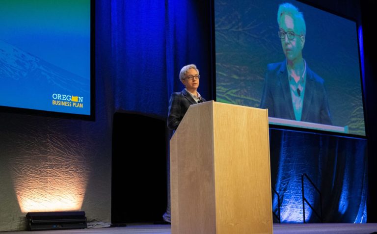 Gov.-elect Tina Kotek outlines her goals at the Oregon Business Plan Summit in Portland on Dec. 12, 2022. Oregon Capital Chronicle photo by Rian Dundon