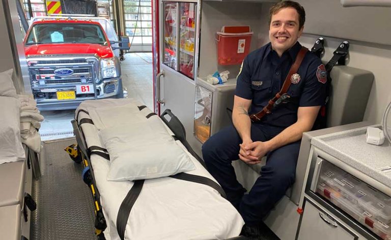 Derek Pecalotto of Ashland Fire & Rescue in one of two new ambulances. Ashland.news photo by Holly Dillemuth
