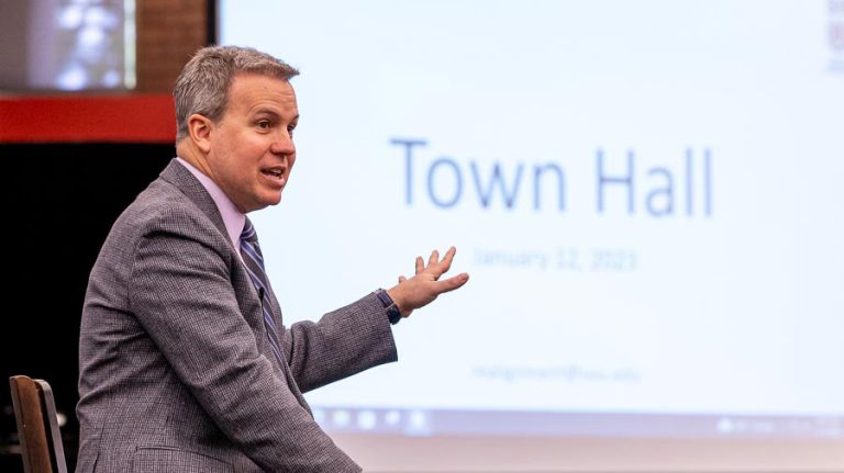 SOU President Rick Bailey talks at a town hall meeting in January 2023 for university employees about balancing the school budget. Ashland.news photo by Bob Palermini