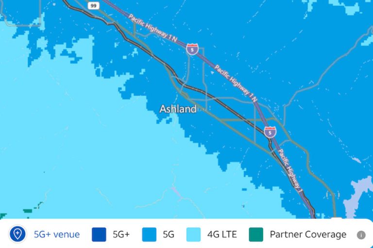An AT&T cell coverage map shows nearly all of the city of Ashland area already has 5G coverage.