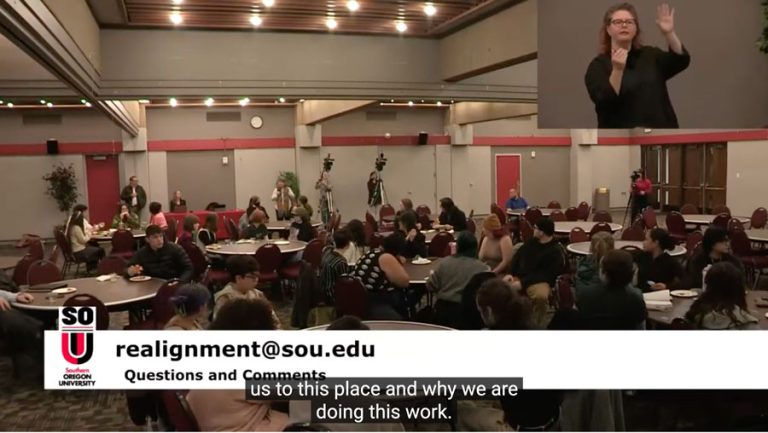 A student town hall about SOU's budget realignment was held in the Rogue River Room at Stevenson Union on Feb. 2. Screen capture from YouTube video