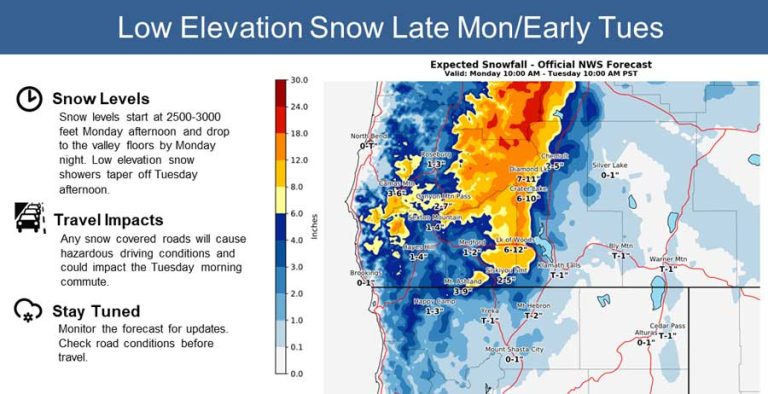 A color-coded map posted Saturday by the National Weather Service shows the range of snowfall expected in the Southern Oregon and Northern California area Monday morning into Tuesday morning. Ashland is in the 2- to 3-inch range.