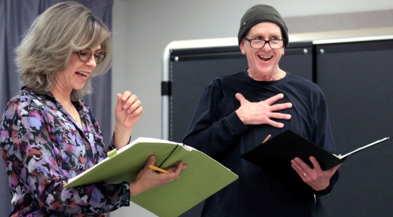 Amy Pietz and David Kelly rehearse a scene from Lisa Loomer's "Side Effects May Include...." for a March 2023 reading as part of the Ashland New Plays Festival spring offerings. Greg Eliason photo