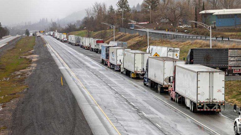 All southbound traffic was stopped just past Exit 14 in March 2023 due to severe winter conditions in Northern California. ODOT funding to keep the pass open could be trimmed in 2025, transportation committee members fear. Bob Palermini photo/@bobpal