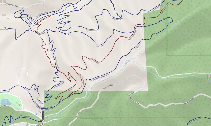 A detail from an Ashland Woodlands & Trails Association map of trails in the Ashland watershed included the Snark Trail Loop in blue around the center of the map. The south end of Lithia Park is at lower left. In this orientation, north is to the left.