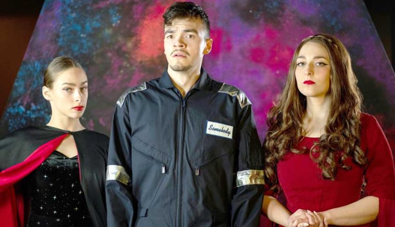 Tegan Kelley (Death), from left, Connor Lomeli (Somebody), and Rachel Engh (Love) are featured in a cast of 13 in SOU's final play of the 2022-23 season, "Everybody," a Pulitzer Prize finalist and a Drama League nominee for outstanding Broadway or Off-Broadway play. Marvin Walder photo