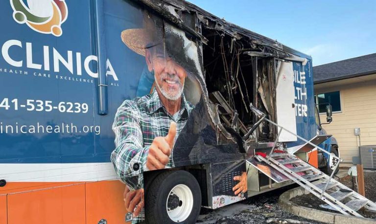 La Clinica’s new Mobile Health Center was torched in June. A man was arrested on suspicion of burglary and arson. La Clinica photo