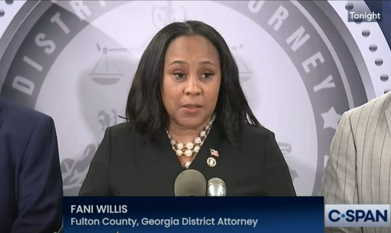 Fulton County, Georgia, District Attorney Fani Willis announces indictments of former President Donald Trump and 18 others in an alleged scheme to overturn the 2020 presidential vote in Georgia. C-SPAN screen shot Fani Willis