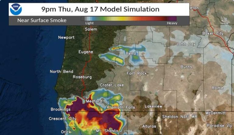 A video showing forecast smoke conditions shows high levels in Southern Oregon and Northern California as of 9 p.m. Thursday. Conditions are expected to improve midday Friday, according to the video.