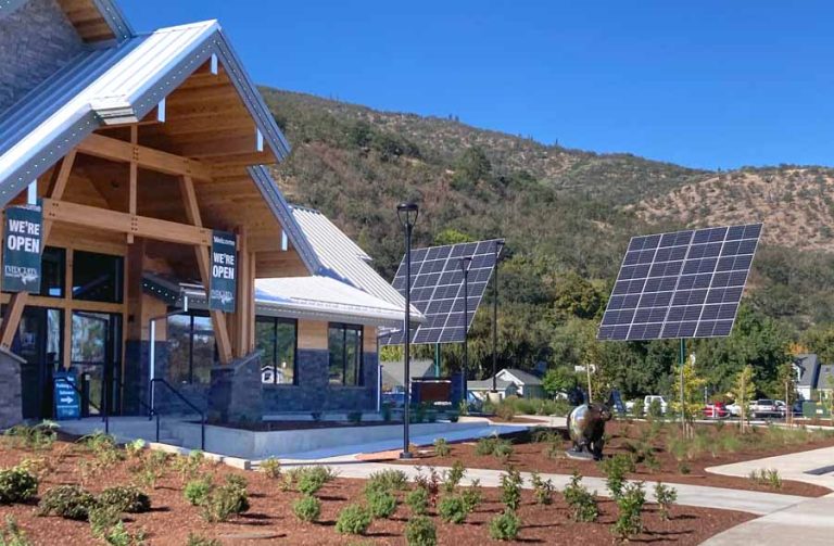 With solar roof panels and large, motorized solar arrays that follow the sun, Evergreen Federal Bank's new Ashland Branch is a net-zero energy facility. Jim Flint photo
Evergreen Bank
