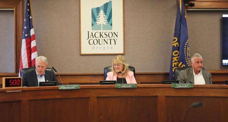 Jackson County commissioners, from left, Dave Dotterrer, Colleen Roberts and Rick Dyer each earn more than Oregon Gov. Tina Kotek. An initiative effort is underway to expand the Board of Commissioners to five members and lower their salaries so the five new commissioners together would earn the same amount as the current three. Rogue Valley Times photo by Jamie Lusch
