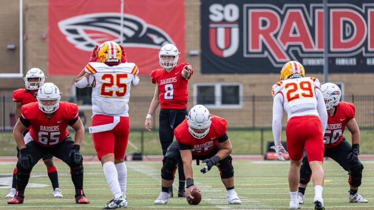 SOU junior quarterback Blake Asciutto (8) had 18 completions for 266 yards and three touchdowns to lead the Raiders to their third straight win at Montana State North on Oct. 21. File photo by Bob Palermini