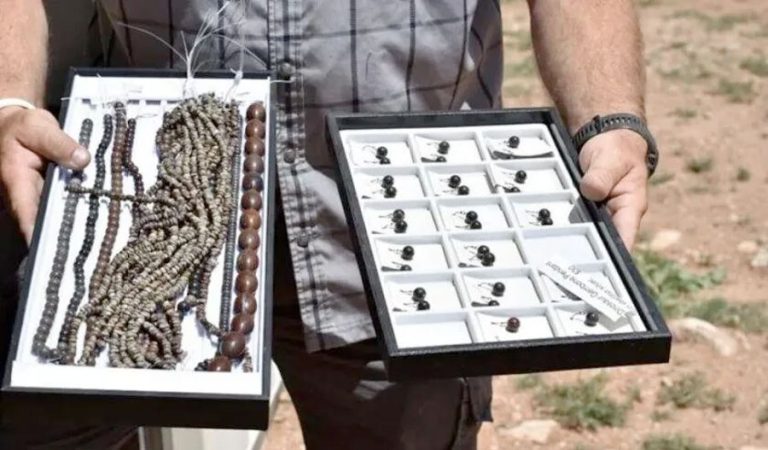 A man holds up cases of jewelry and carvings made from dinosaur bones that were allegedly stolen from federal land.
U.S. Attorney’s Office for the District of Utah
