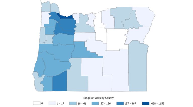 This Oregon Health Authority map shows number of overdose visits to emergency departments and urgent care centers during 2023. Jackson County is in the 157-467 range.