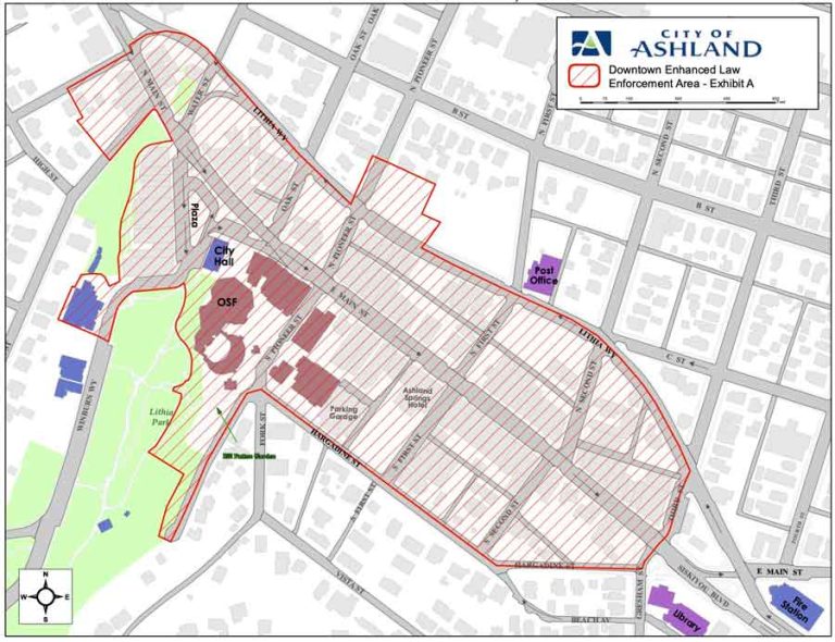 A map of the downtown Ashland Enhanced Law Enforcement Area. Repeat violations of certain ordinances can result in being barred from the area for up to a year. A proposed expansion would add an area by the Ashland Public Library on Siskiyou Boulevard east of Third Street to the ELEA.
