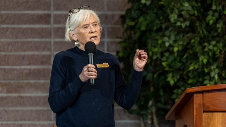 Pam Marsh speaking at an Ashland town hall in March 2024. Marsh will hold a town hall and ice cream social on Sunday, Aug. 3, from 3 to 4:30 p.m. at the Talent Community Center. Ashland.news photo by Bob Palermini.