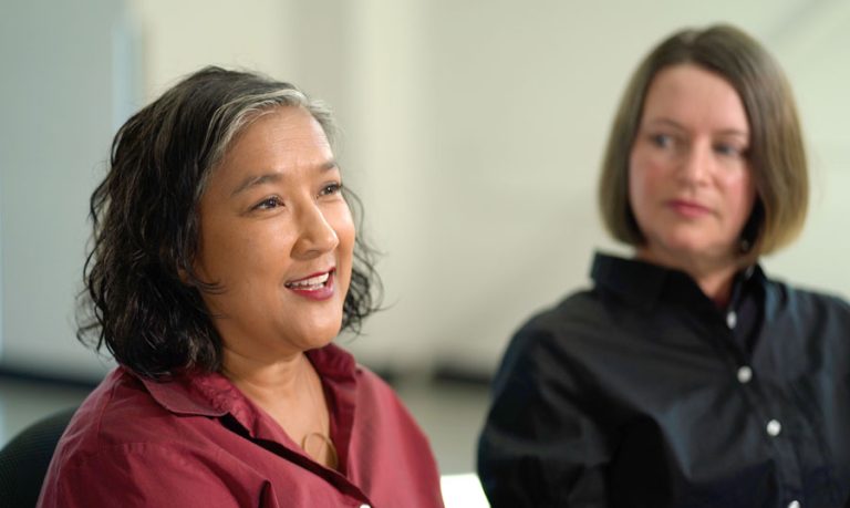 Rosa Joshi speaks at an upstart crow collective meeting alongside Betsy Schwartz, co-artistic producer of the collective. As new OSF associate artistic director, Joshi has enlisted the collective, which she co-founded, to collaborate, along with Play On Shakespeare, on OSF's 2024 production of "Coriolanus," which she is directing. Joe Sofranko photo Rosa Joshi