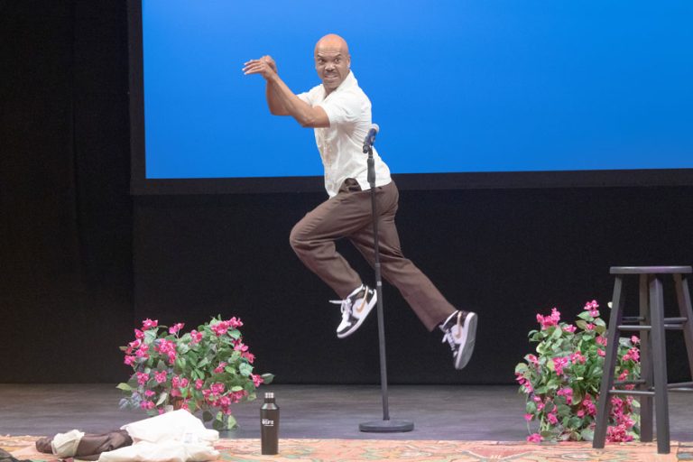 Rodney Gardiner performs in "Smote This, A Comedy About God ... and Other Serious $H*T," an OSF one-man show playing now through May 12 in the Thomas Theatre. Jenny Graham photo