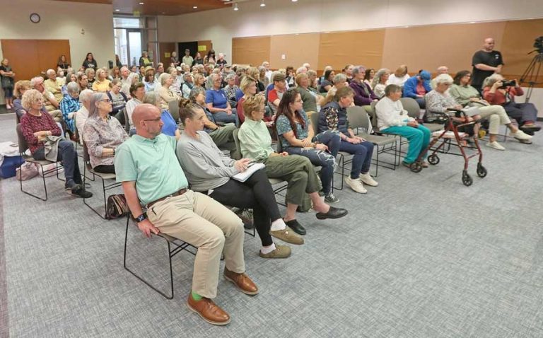 A crowd of more than 120 community members — and four tiny kittens — attended a community forum on the Jackson County animal shelter Tuesday at the Medford library. Rogue Valley Times photo by Jamie Lusch