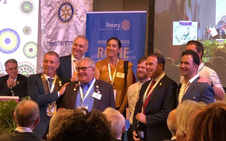 Oregon Winemakers being celebrated at a Rotary event celebrating a trip to Tuscany in June 2023. Winemakers from Oregon: Leah Lyon from King Estate; Andrew Riley from William Rose; Dustin Andries from Naumes Custom Crush; and JP Valot from Vulcan wines. Rotary photo