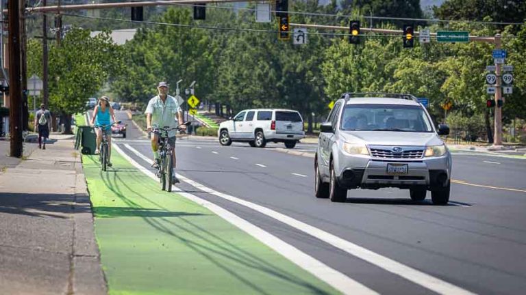A couple bikes in the newly painted bike lanes on Ashland Street to the Ashland Shopping Plaza. Ashland.news photo by Bob Palermini