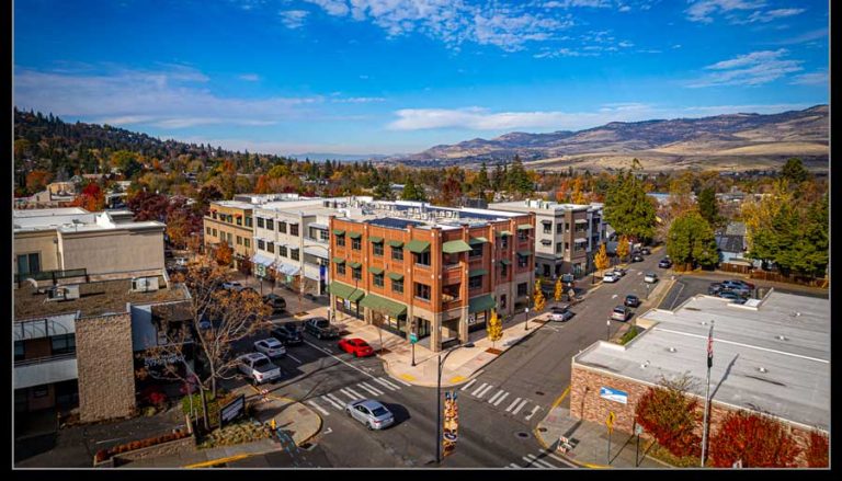 Plaza West, center, at the corner of Lithia Way and First Street in Ashland, is an example of higher density housing in Ashland. Mahar Homes photo