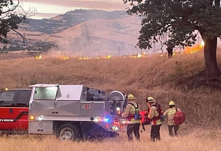 Firefighters get set to corral a grassfire near Exit 14 on Monday evening. City of Ashland photo