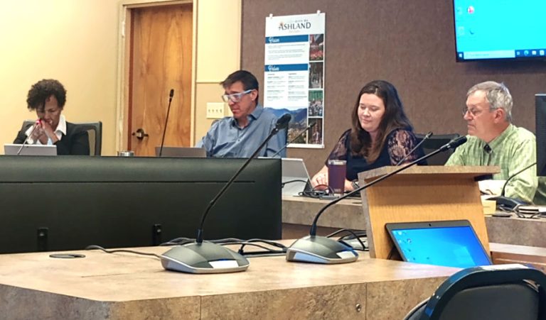 City Manager Sabrina Cotta, second from right, at the city of Ashland council business meeting Tuesday. From left are Councilors Gina Duquenne and Eric Hansen, Cotta, and Acting City Attorney Doug McGeary. Ashland.news photo by Morgan Rothborne