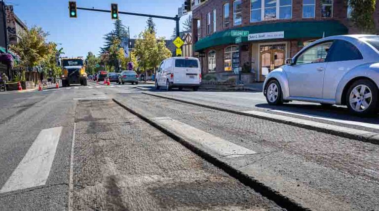 East Main Street in downtown Ashland was a little rougher Monday as the Oregon Department of Transportation began a two-day project to improve pavement conditions. Ashland.news photo by Bob Palermini