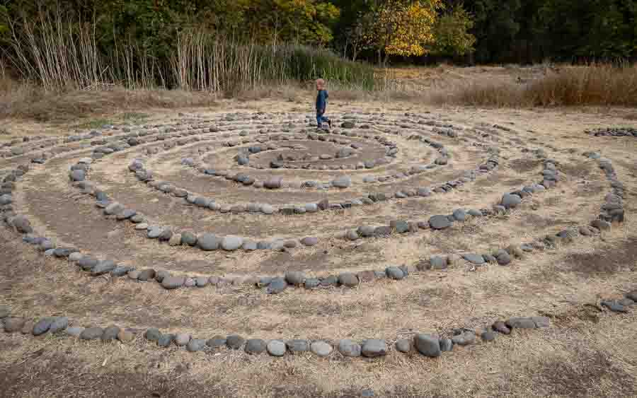 A young boy walks a spiral labyrinth in North Mountain Park. Ashland.news photo by Bob Palermini