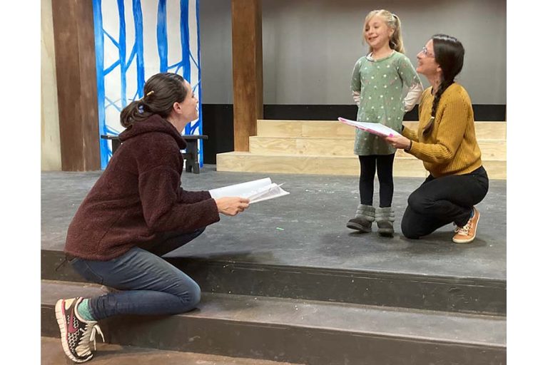 Director Haley Jane Forsyth, left, discusses a scene with Amirah David and her 7-year-old daughter Opal during rehearsals for "The Sound of Music." The two portray Maria and Gretl von Trapp in the iconic musical, playing Nov. 20-Dec. 31 at the Camelot Theatre in Talent. Jim Flint photo
