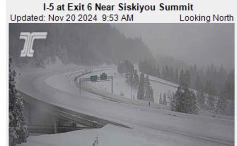 A screen grab from an ODOT webcam shows an empty I-5 at Exit 6, the Mount Ashland exit, at little before 10 a.m. Wednesday, Nov. 20.