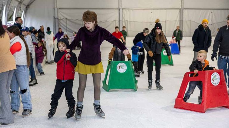 The Ashland Rotary Centennial Ice Rink in Lithia Park is open for skaters of all ages and skill levels and will host First Frost from 4 to 9 p.m. Saturday, Dec. 21, featuring live music, figure skating performances and family skating discounts. Ashland.news photo by Bob Palermini