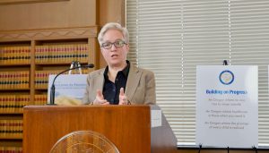 Gov. Tina Kotek discusses her 2025-27 recommended budget in the state library on Dec. 2, 2024. Oregon Capital Chronicle photo by Julia Shumway