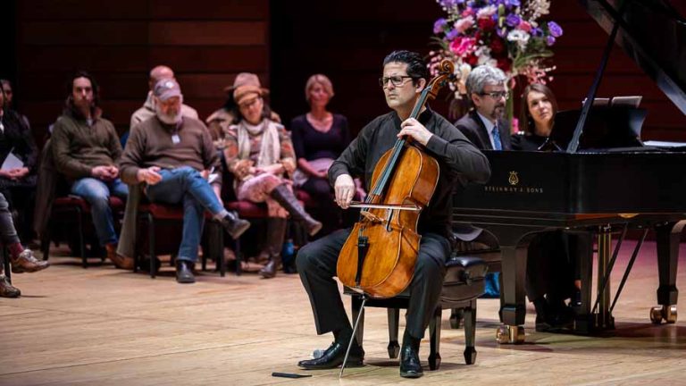 Amit Peled, along with pianist Daniel Del Pino, played a variety of music including songs by Bach, John Williams and traditional Jewish tunes. Ashland.news photo by Bob Palermini