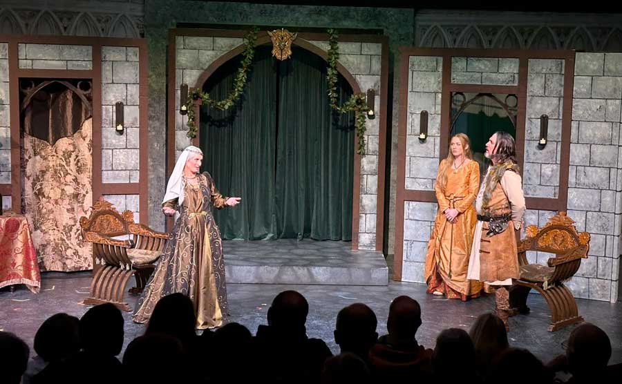 Kelley Vincent, left, as Eleanor of Aquitaine, Tessa Alleman as Alais, and Russell LLoyd as Henry ll, star in Collaborative Theatre's production of "The Lion in Winter." Photo by Dinah Greenfield