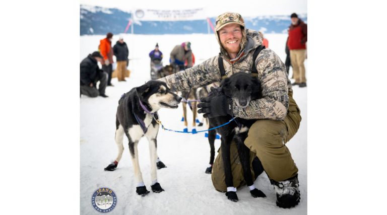 Erik Oline and his lead dogs after completing the Idaho Sled Dog Challenge, Feb 2023. David Oline photo