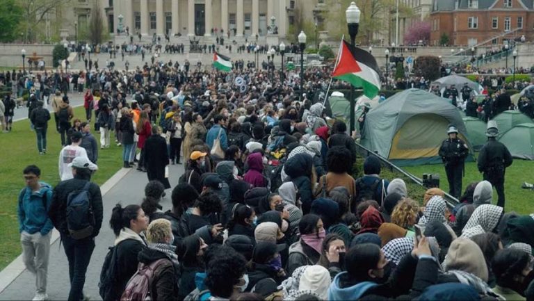 Demonstrators speak out last spring at Columbia University against U.S. complicity in Israel’s campaign of ethnic cleansing in Gaza. Some Jewish students joined the demonstration. Others counter-demonstrated. Image from the documentary film "The Encampments"