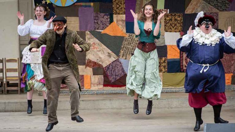 Zanni Nation, a grassroots theater troupe, performed “The Suitors of Columbina” in the Italian clowning style of Commedia dell’Arte Saturday at the Lithia Park Bandshell. Ashland.news photo by Bob Palermini