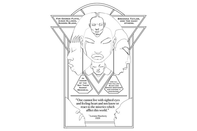 Artist Micah BlackLight's initial line drawing for the design of a bronze plaque honoring people commemorated in Ashland's Say Their Names memorial and inscribed with a quote from playwright Lorraine Hansberry. The plaque will be unveiled at 2 p.m. Sunday, June 22, in Railroad Park at the intersection of A and Seventh streets. Image courtesy of Micah BlackLight
